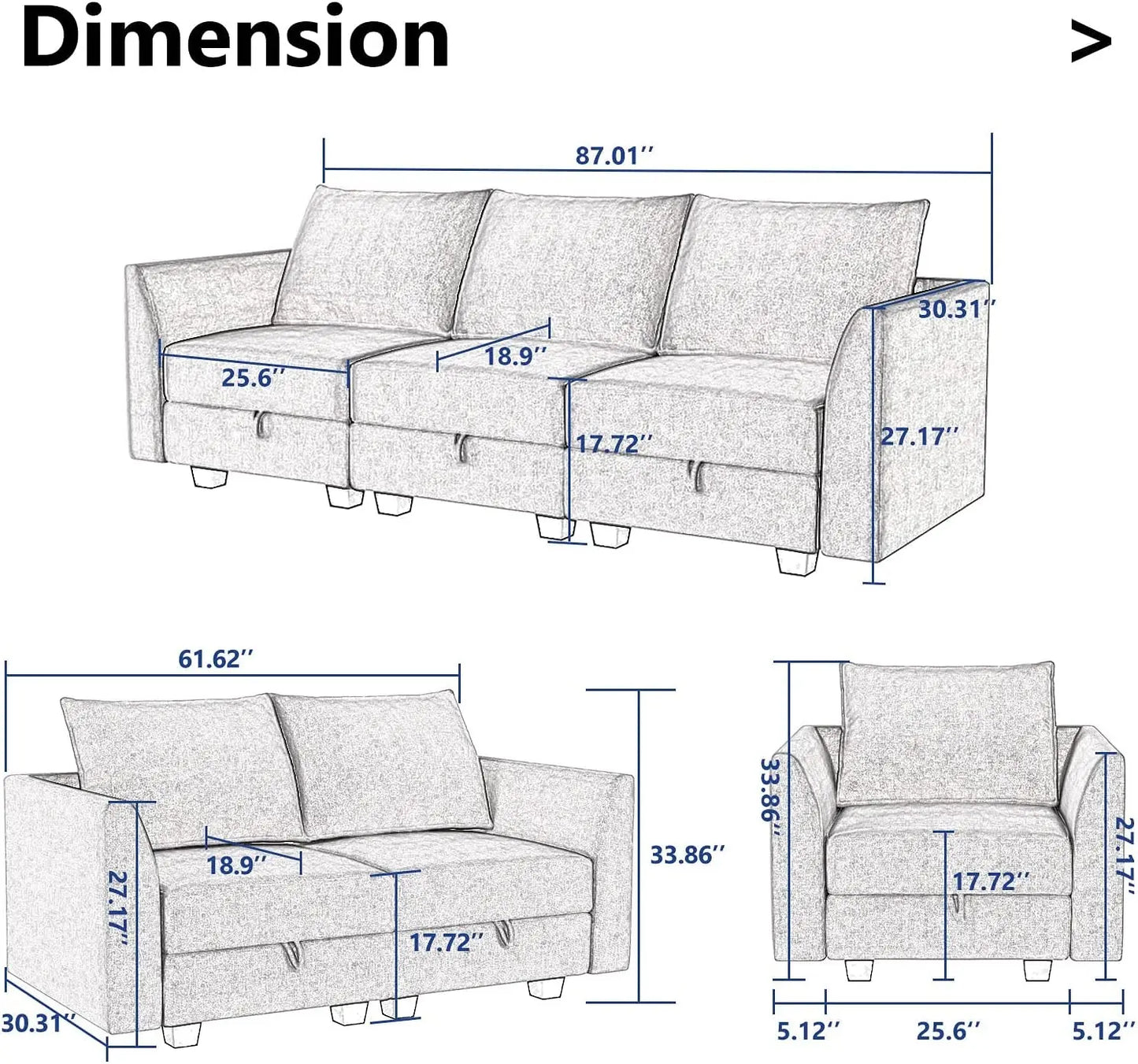 3 Piece Sofa Sets for Living Room Furniture Couch Set Modular Sofa Set with Polyester Fabric 3 Seats Sofa Loveseat and Armchair in Bluish Grey - Designs by Mysh