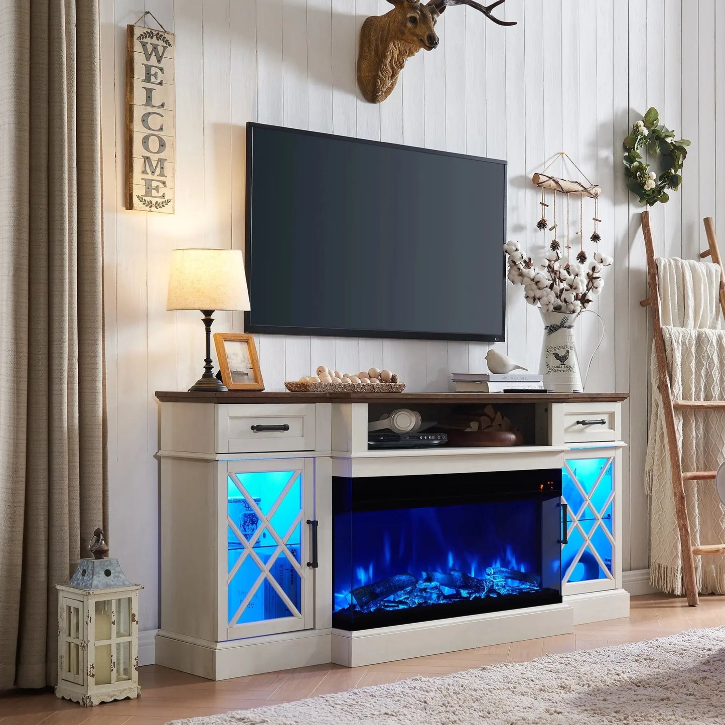 3-Sided Glass Farmhouse 70" Fireplace TV Stand for Tvs up to 80", Highboy Entertainment Center with 36" Electric Fireplace, Antique White - Designs by Mysh