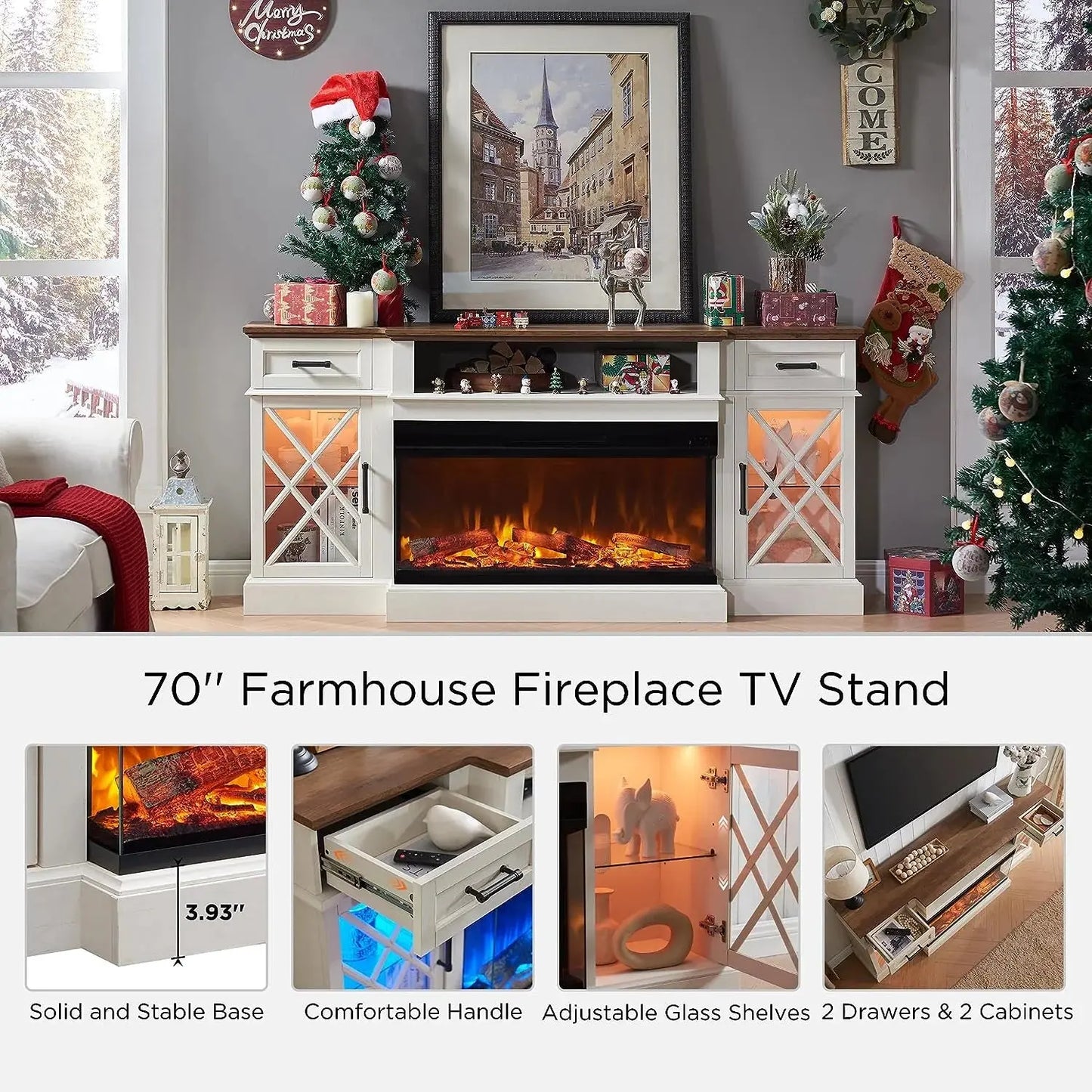 3-Sided Glass Farmhouse 70" Fireplace TV Stand for Tvs up to 80", Highboy Entertainment Center with 36" Electric Fireplace, Antique White - Designs by Mysh