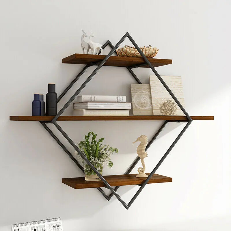 3 Tier Industrial Geometry Wood Floating Shelf Heavy Duty Hanging Wall Mounted Unit - Designs by Mysh