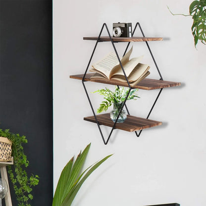 3 Tier Industrial Geometry Wood Floating Shelf Heavy Duty Hanging Wall Mounted Unit - Designs by Mysh