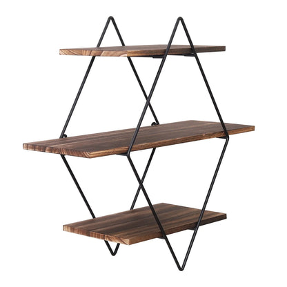 3 Tier Industrial Geometry Wood Floating Shelf Heavy Duty Hanging Wall Mounted Unit - Designs by Mysh