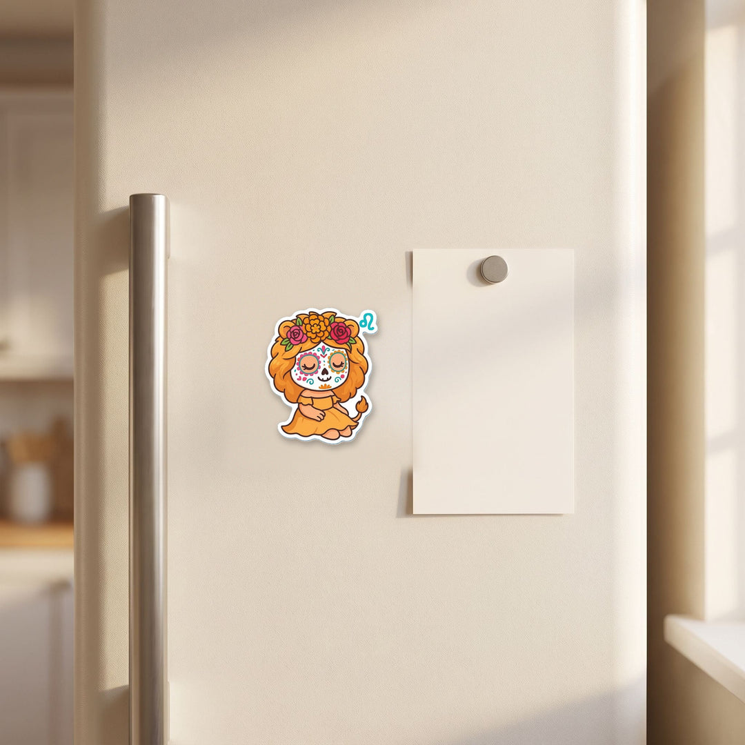 Leo Sugar Skull Girl magnet on a refrigerator door