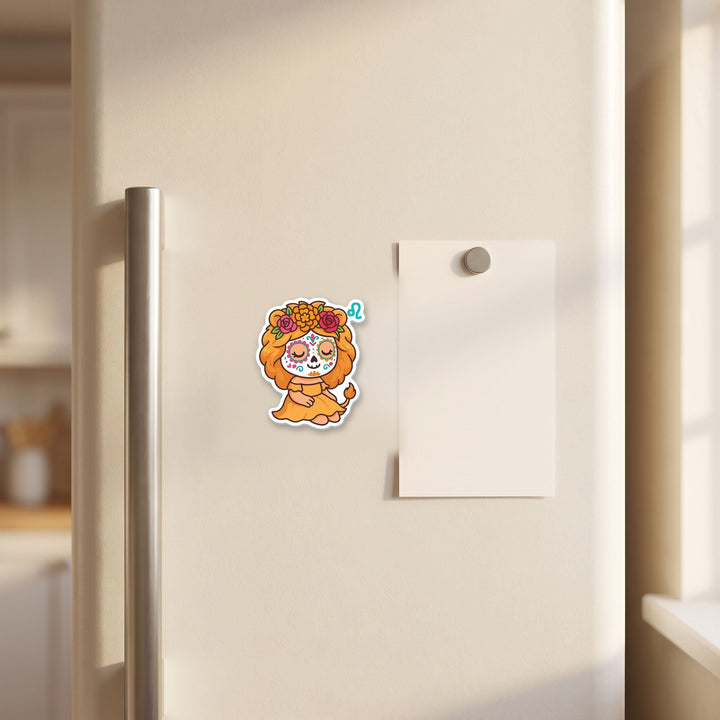 Leo Sugar Skull Girl magnet on a refrigerator door