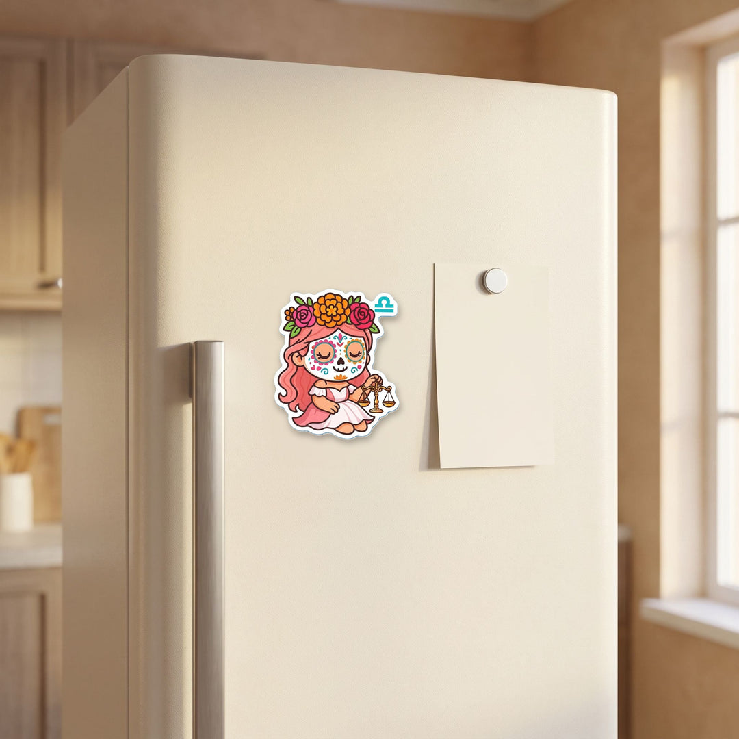 Libra Sugar Skull Girl magnet on a refrigerator door