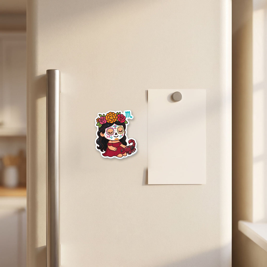 Scorpio Sugar Skull Girl magnet on a refrigerator door