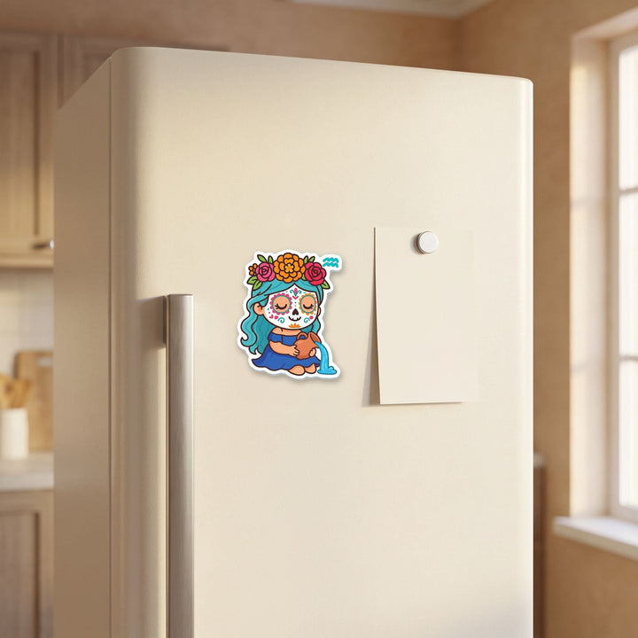 Aquarius Sugar Skull Girl magnet on a refrigerator door