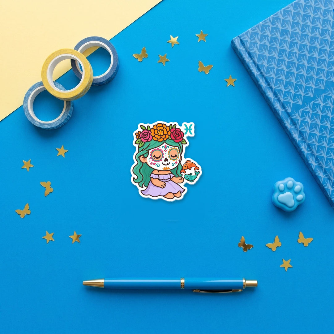 Pisces Sugar Skull Girl 3 inch fridge magnet flat lay with blue stationery