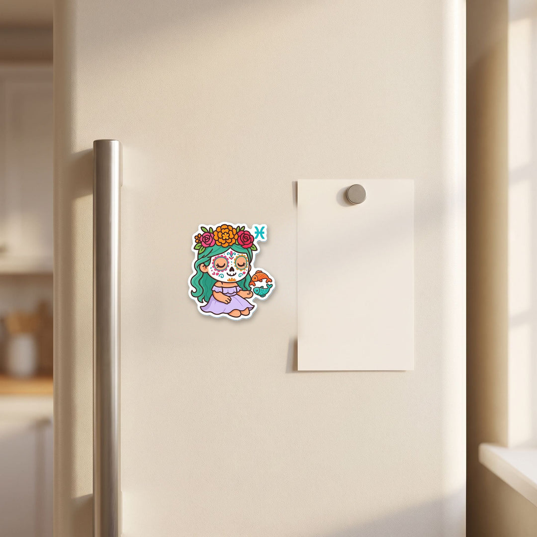 Pisces Sugar Skull Girl magnet on a refrigerator door