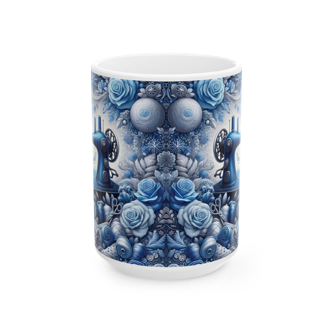 Blue Sewing Machine Ceramic Mug — 15oz Coffee Cup for Sewers &amp; Crafters