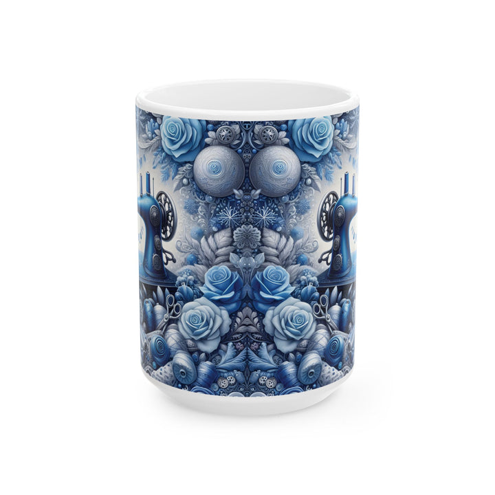 Blue Sewing Machine Ceramic Mug — 15oz Coffee Cup for Sewers &amp; Crafters