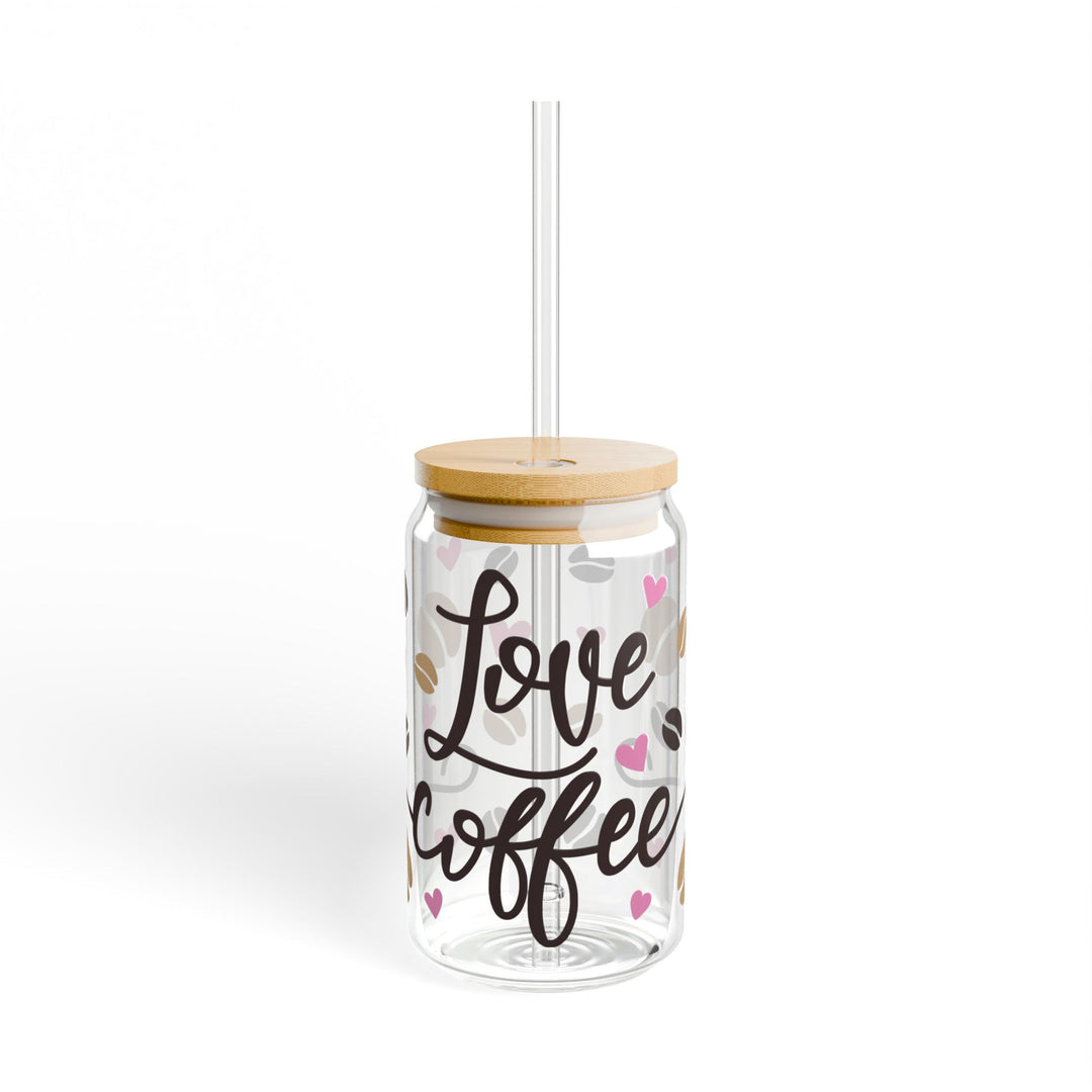 Love Coffee 16oz Sipper Glass — Hearts &amp; Coffee Beans Design - Designs by Mysh