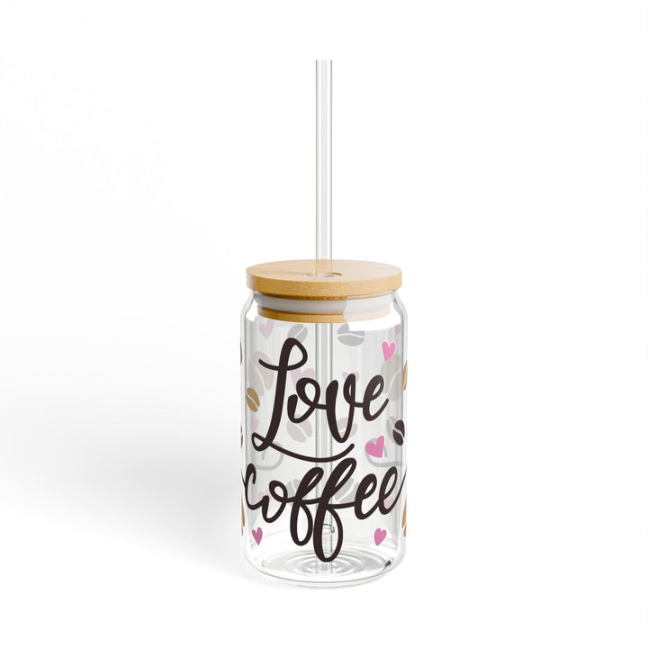 Love Coffee 16oz Sipper Glass — Hearts &amp; Coffee Beans Design - Designs by Mysh