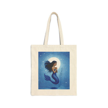 Mermaid Moon Canvas Tote — Ocean Blue Mermaid Illustration Beach Bag