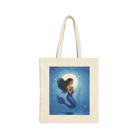 Mermaid Moon Canvas Tote — Ocean Blue Mermaid Illustration Beach Bag