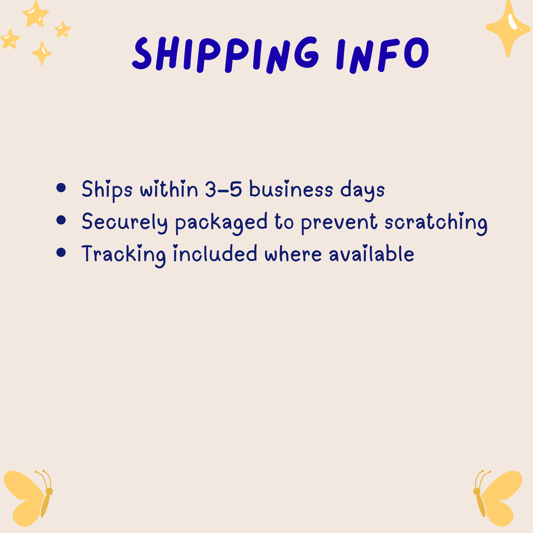 Shipping information text on a light beige background with decorative elements.