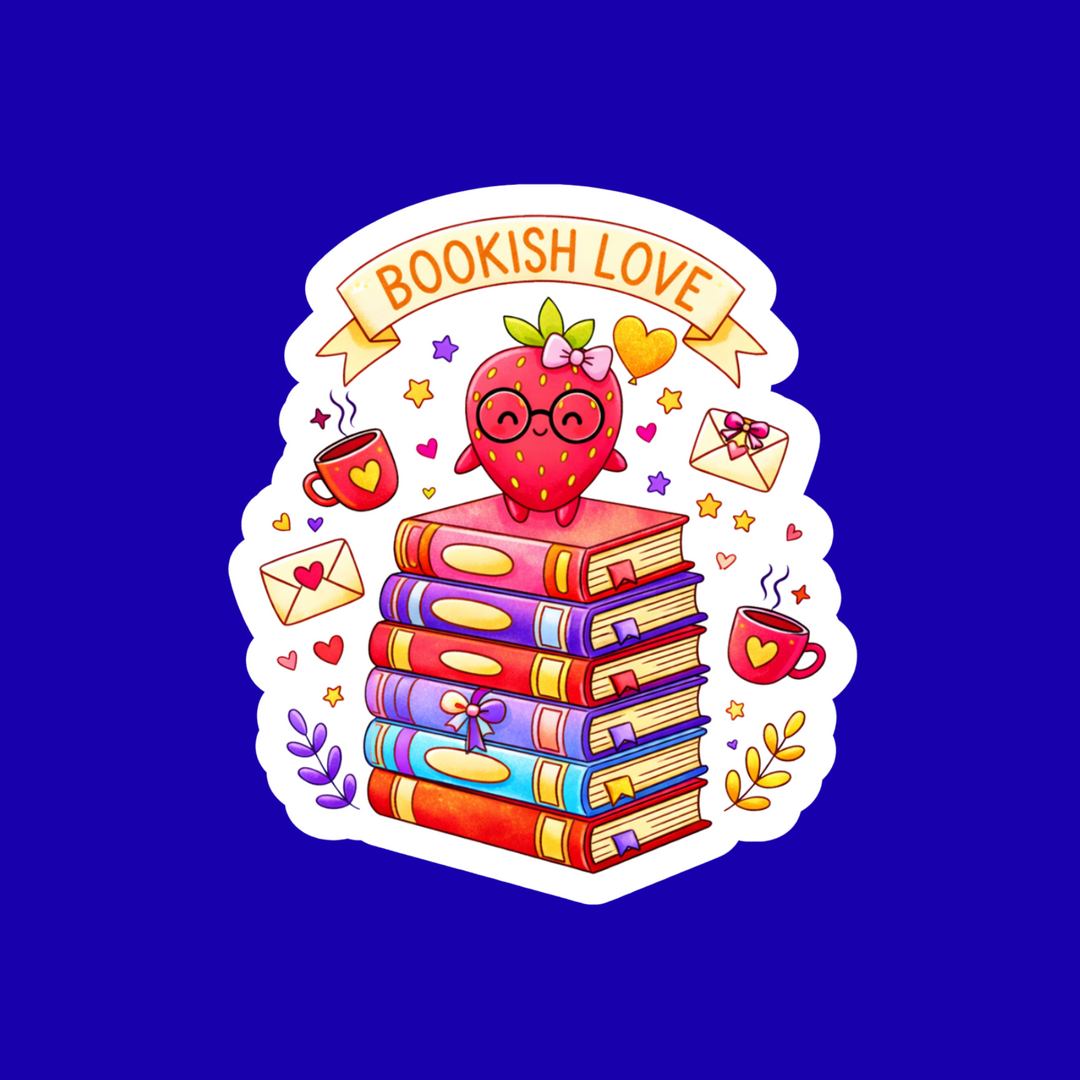 Sticker design with a strawberry character, books, and &