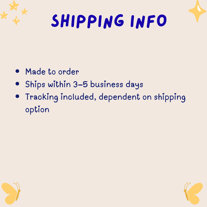 Shipping information text on a light beige background with decorative elements.