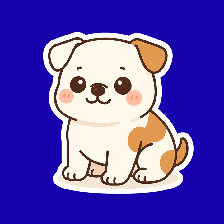 Cartoon dog sticker with brown and white fur on a blue background