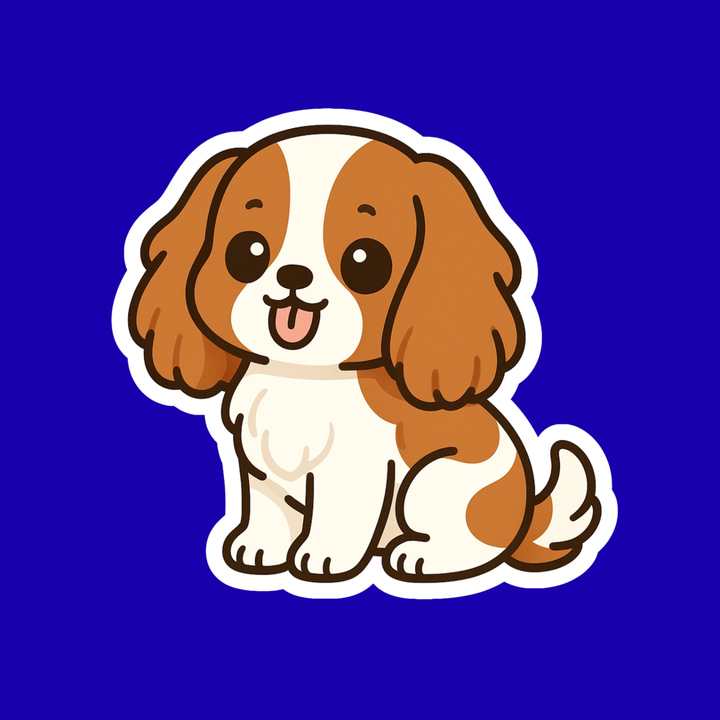 Cartoon dog sticker with brown and white fur on a blue background