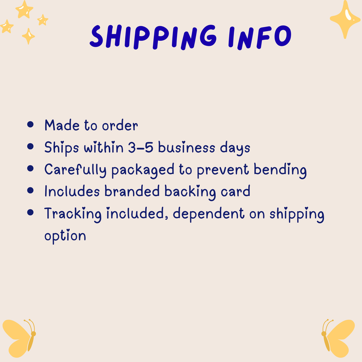 Shipping information text on a light background with decorative elements