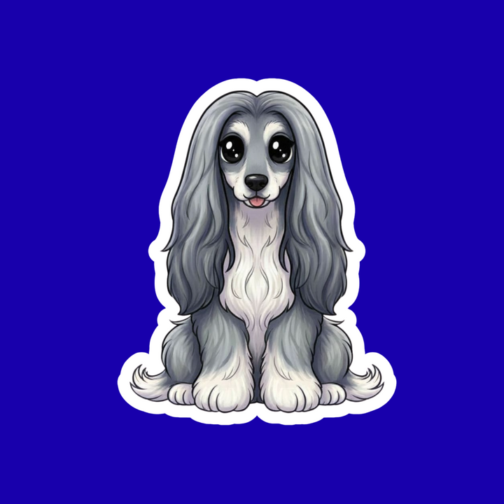 Cartoon dog sticker with long gray hair on a blue background