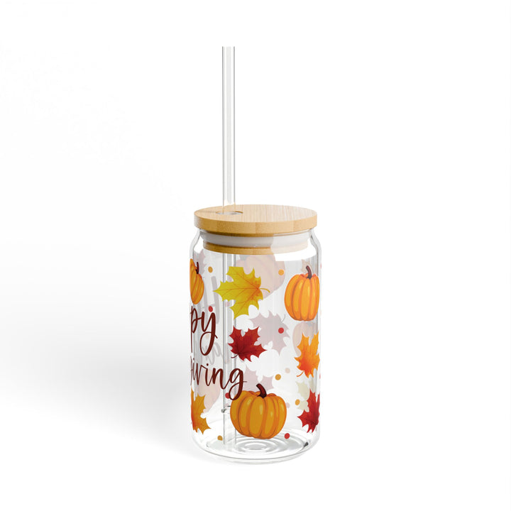 Happy Thanksgiving Pumpkin &amp; Leaves Sipper Glass — 16oz Holiday Drinkware - Designs by Mysh