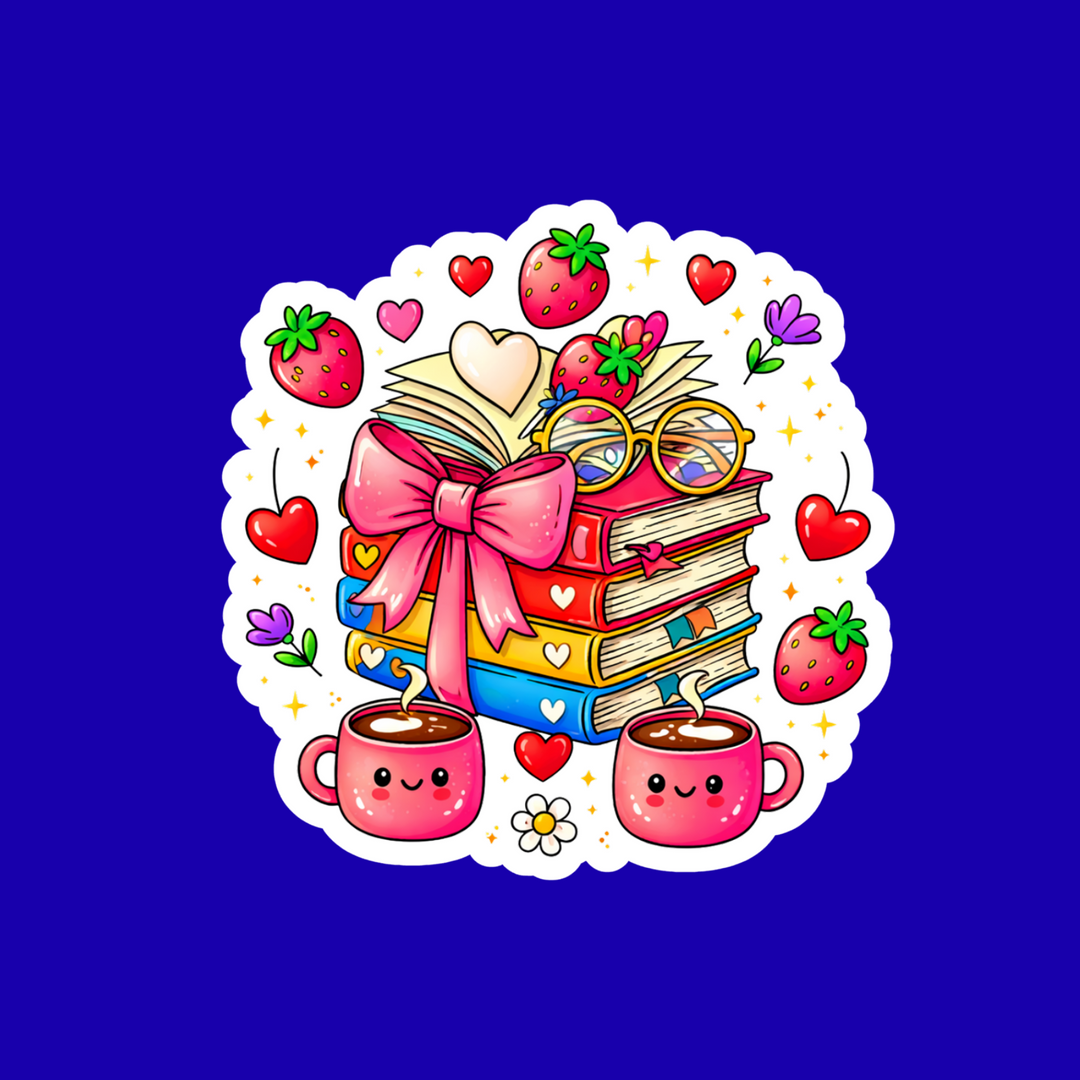 Colorful illustration of books, coffee cups, and strawberries on a blue background