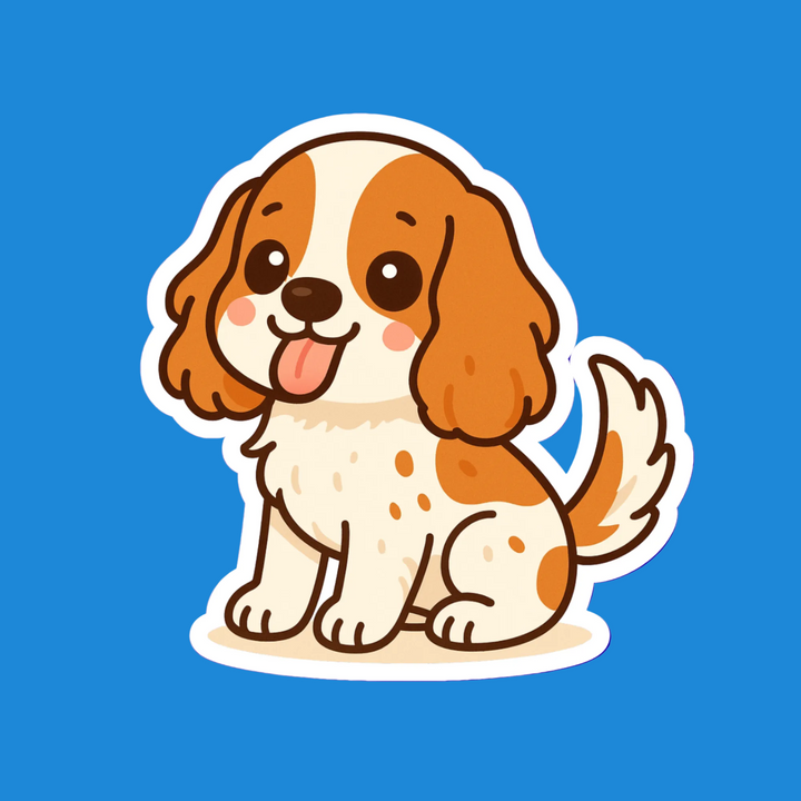 Cartoon dog sticker with brown and white fur on a blue background