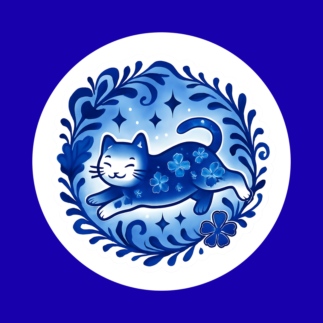 Decorative design of a blue cat with floral patterns on a blue background