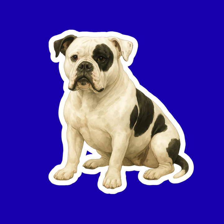Sticker of a bulldog with black and white markings on a blue background