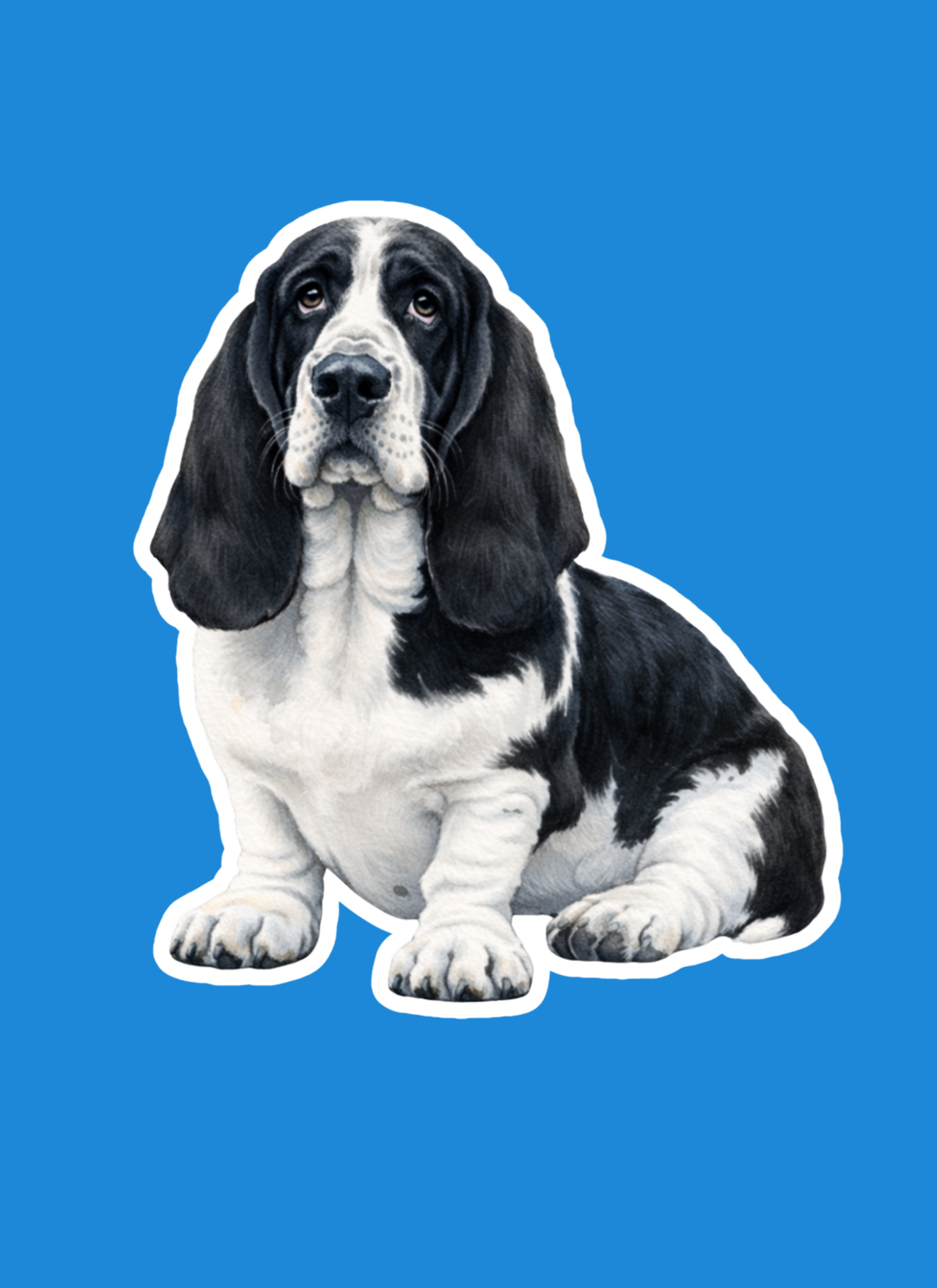 Sticker of a black and white dog on a blue background
