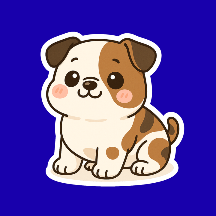 Cartoon dog sticker with brown and white fur on a blue background