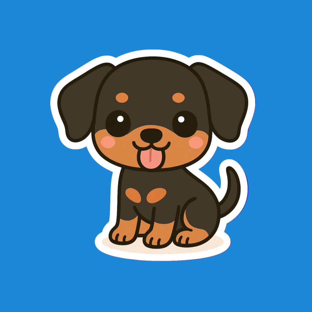 Cartoon dog with black and brown spots on a blue background