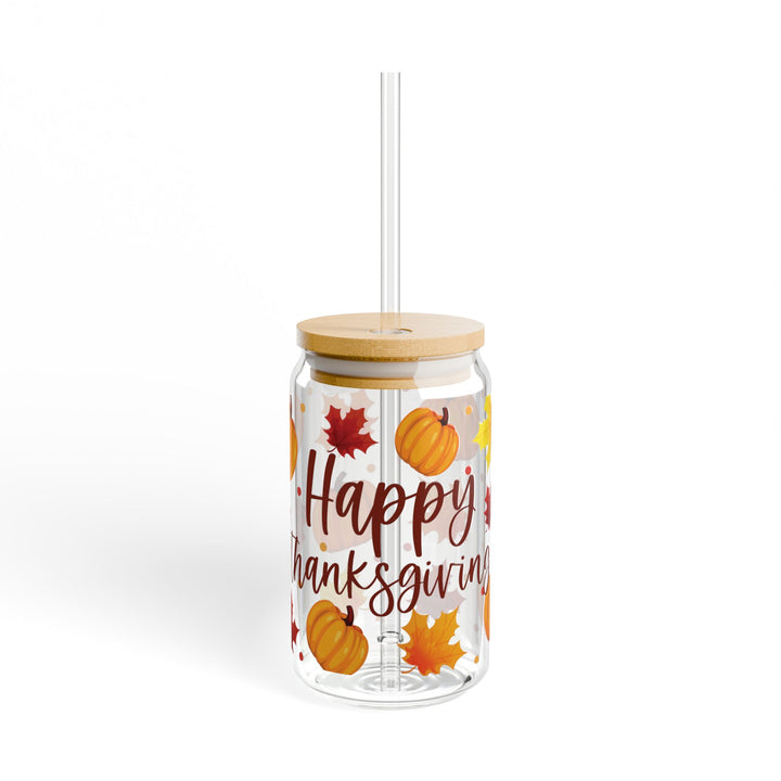 Happy Thanksgiving Pumpkin &amp; Leaves Sipper Glass — 16oz Holiday Drinkware - Designs by Mysh