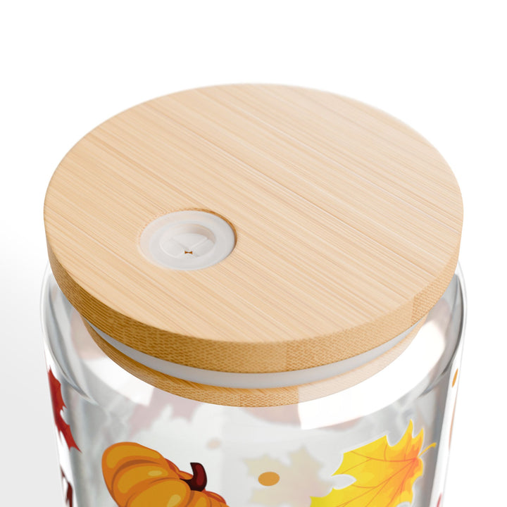 Happy Thanksgiving Pumpkin &amp; Leaves Sipper Glass — 16oz Holiday Drinkware - Designs by Mysh