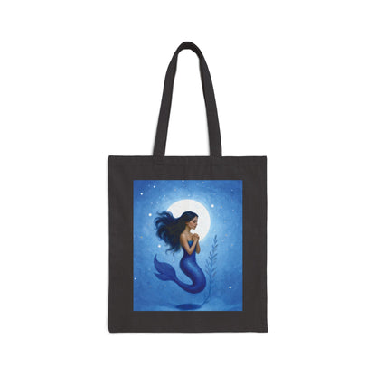 Mermaid Moon Canvas Tote — Ocean Blue Mermaid Illustration Beach Bag