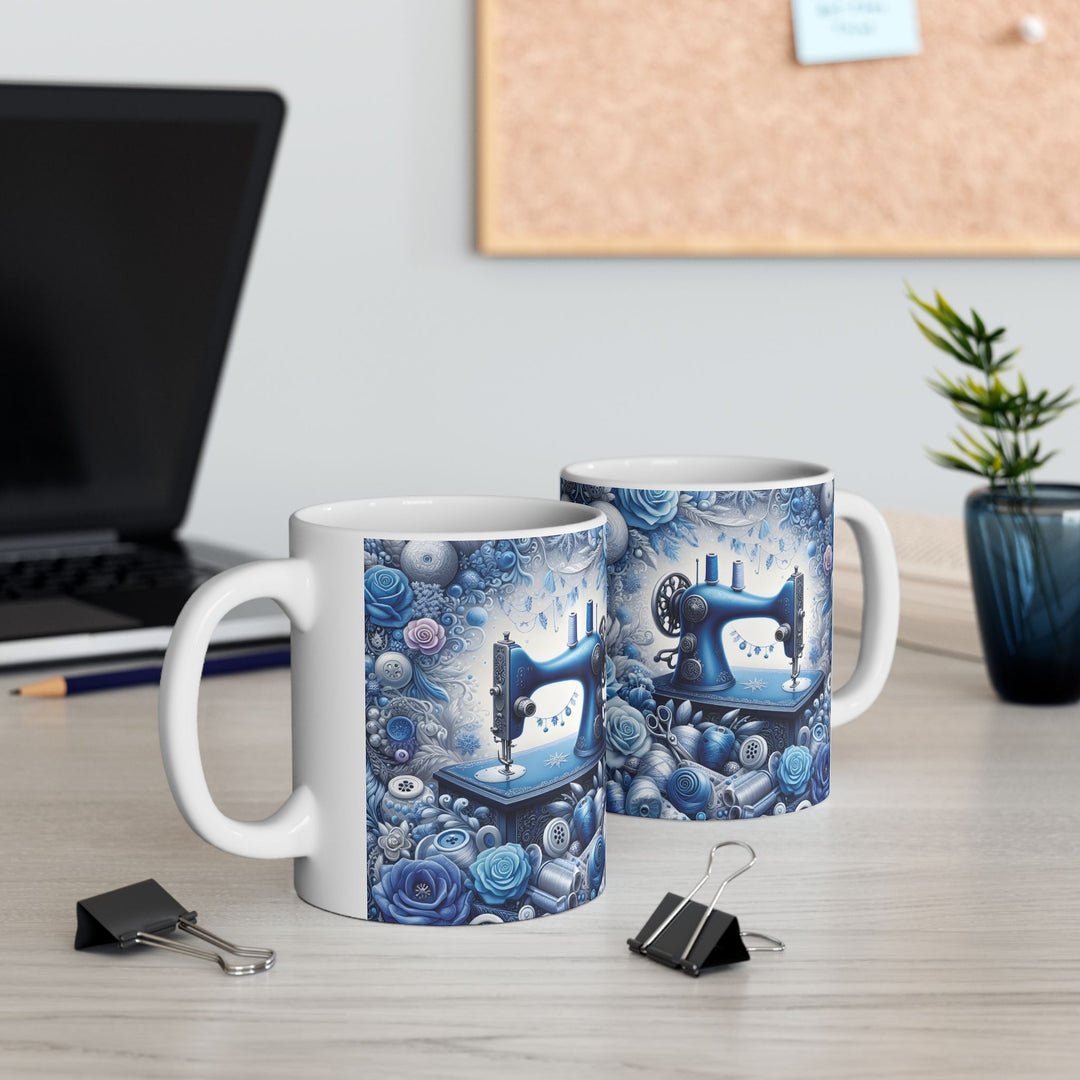 Blue Sewing Machine Ceramic Mug — 15oz Coffee Cup for Sewers &amp; Crafters