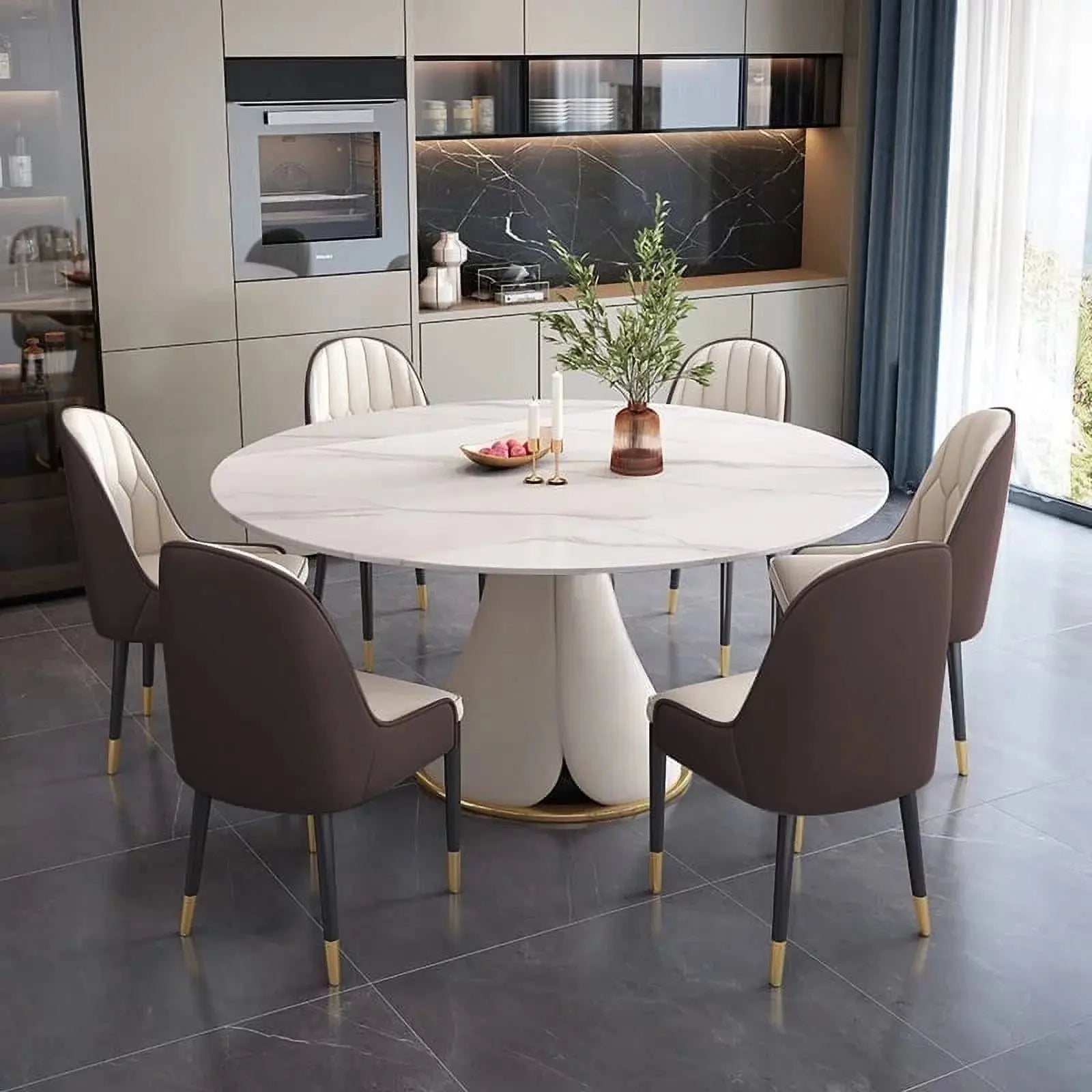 53”  White Sintered Stone round Dining Table Set with Stainless Steel Base with 6 Brown Dining Chairs - Designs by Mysh