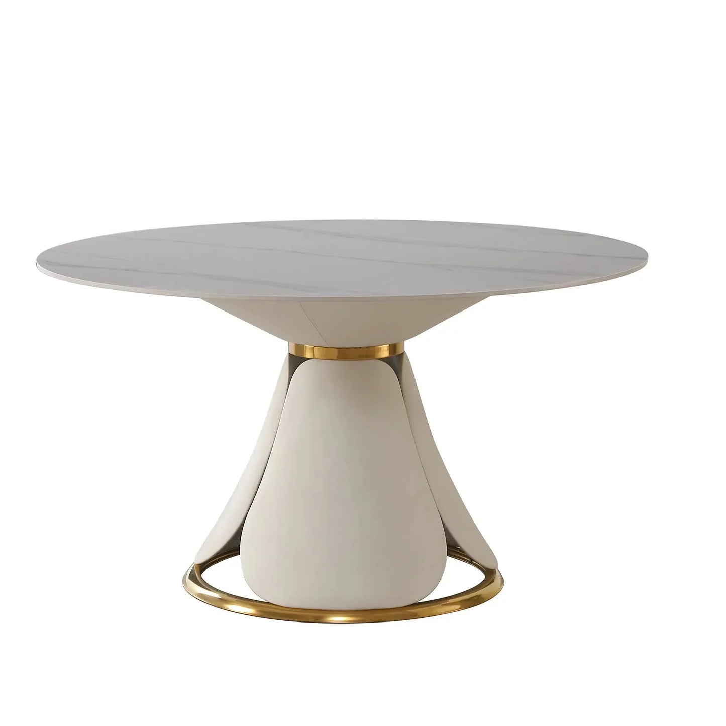 53”  White Sintered Stone round Dining Table Set with Stainless Steel Base with 6 Brown Dining Chairs - Designs by Mysh