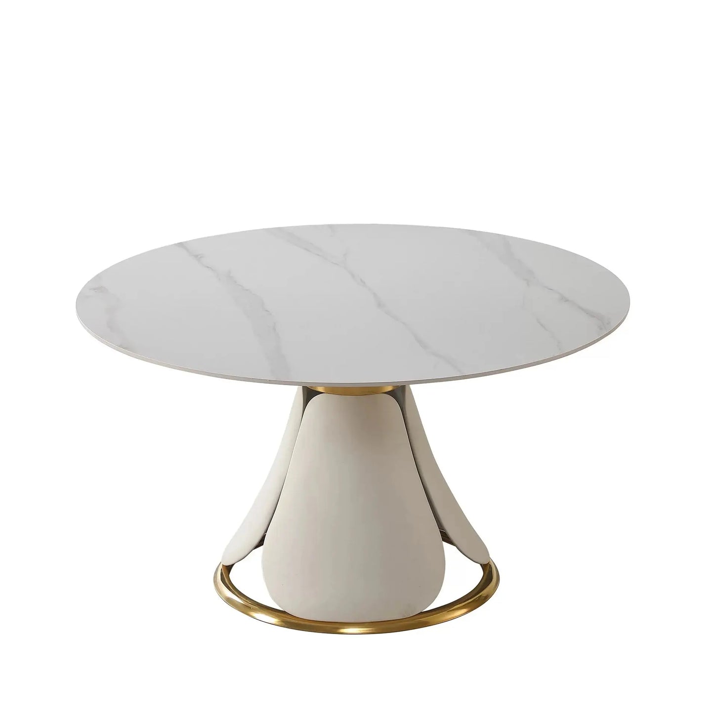 53”  White Sintered Stone round Dining Table Set with Stainless Steel Base with 6 Brown Dining Chairs - Designs by Mysh