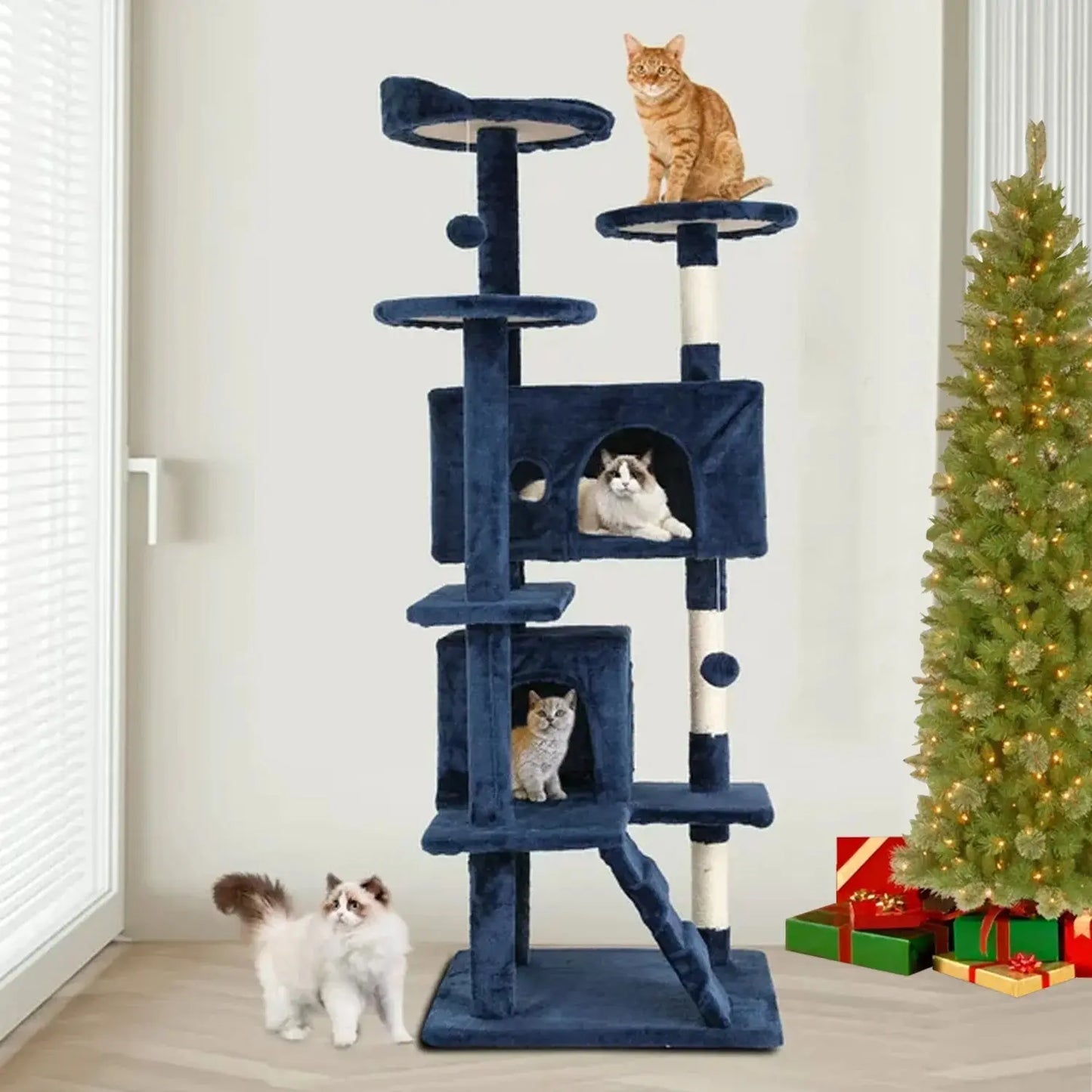 54-In Double Condo Cat Tree Tower Playhouse with Scratching Post & Perch for Indoor, Navy Blue - Designs by Mysh