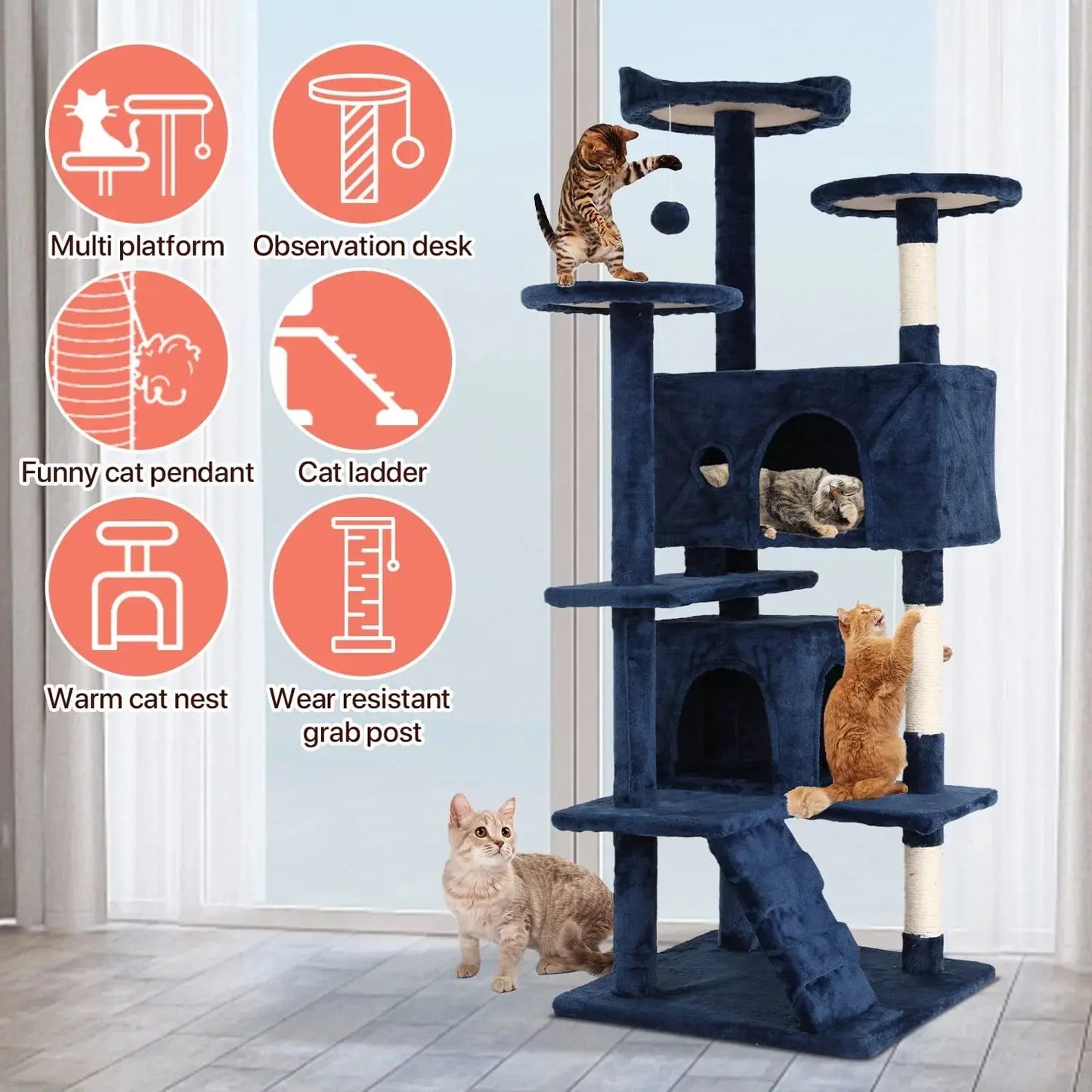 54-In Double Condo Cat Tree Tower Playhouse with Scratching Post & Perch for Indoor, Navy Blue - Designs by Mysh