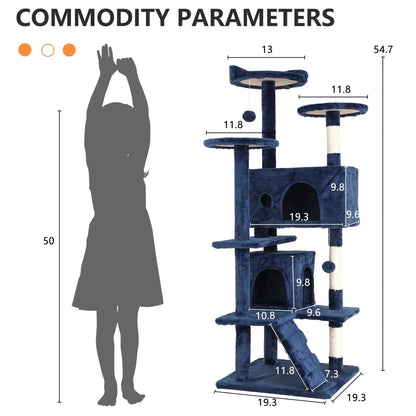 54-In Double Condo Cat Tree Tower Playhouse with Scratching Post & Perch for Indoor, Navy Blue - Designs by Mysh