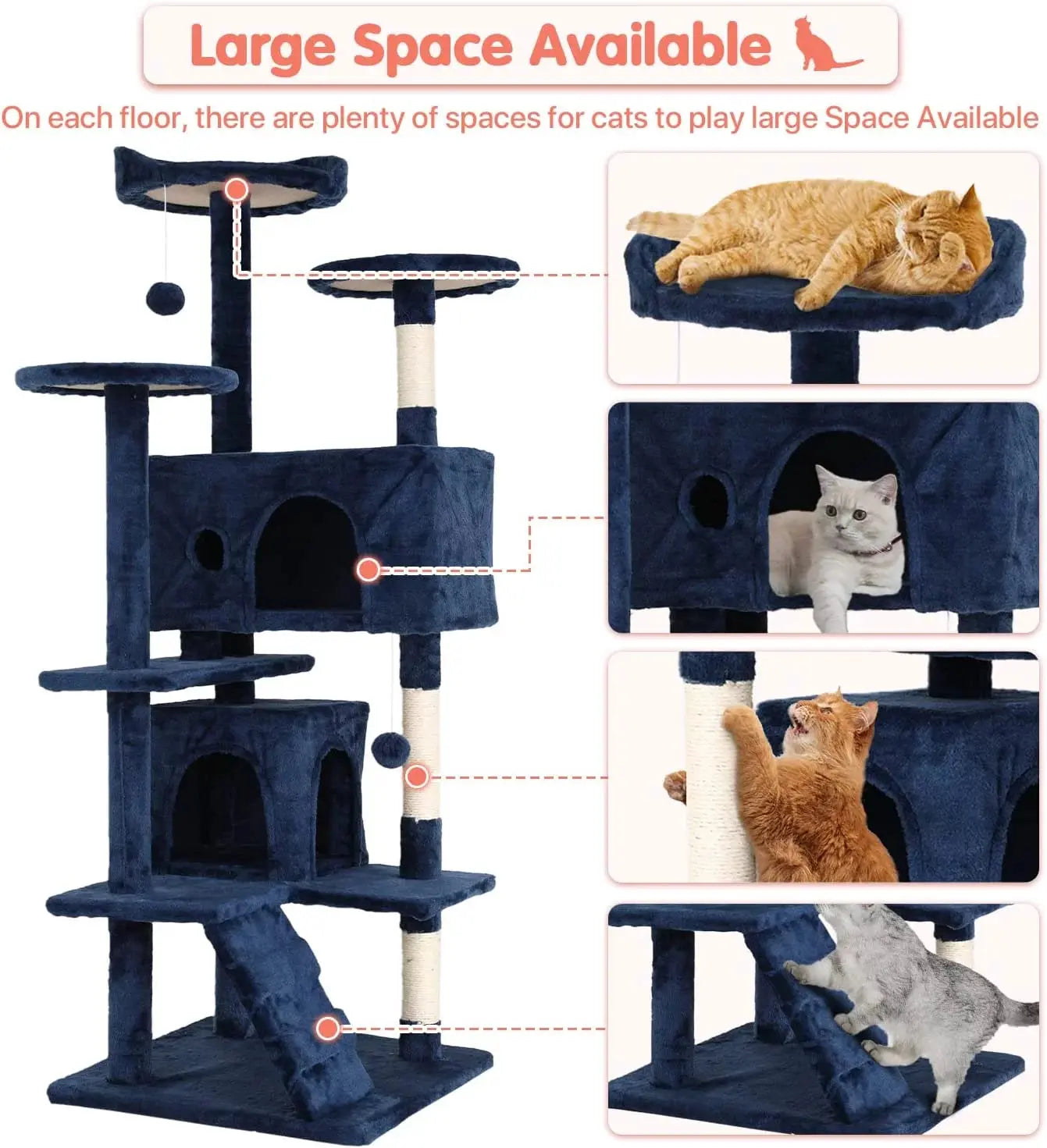 54-In Double Condo Cat Tree Tower Playhouse with Scratching Post & Perch for Indoor, Navy Blue - Designs by Mysh