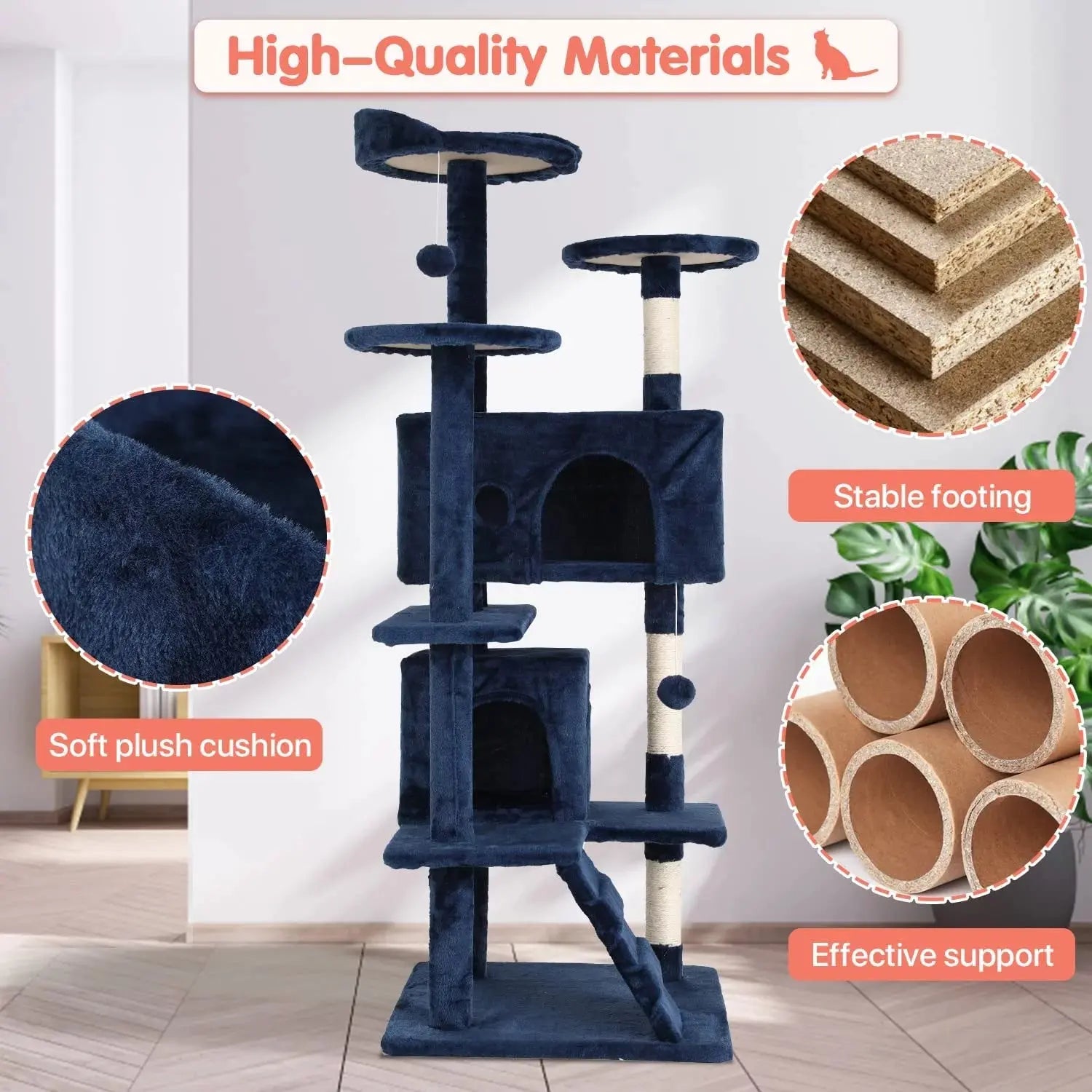 54-In Double Condo Cat Tree Tower Playhouse with Scratching Post & Perch for Indoor, Navy Blue - Designs by Mysh