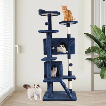 54-In Double Condo Cat Tree Tower Playhouse with Scratching Post & Perch for Indoor, Navy Blue - Designs by Mysh