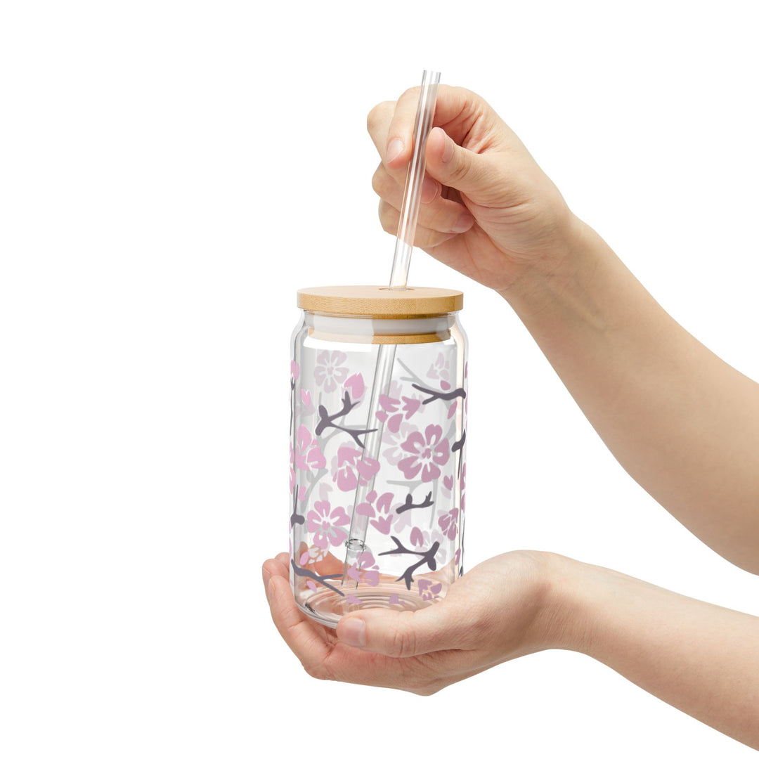 16oz Cherry Blossom Sipper Glass — Floral Cherry Blossom Motif Drinkware - Designs by Mysh