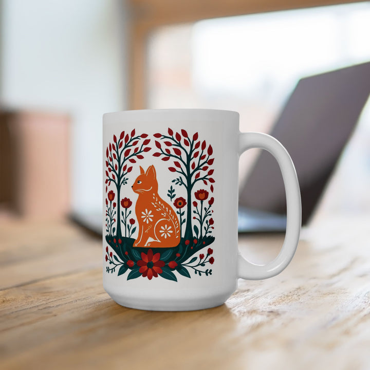 Mug - Folk Art Orange Fox Ceramic Mug (15oz) - Designs by Mysh