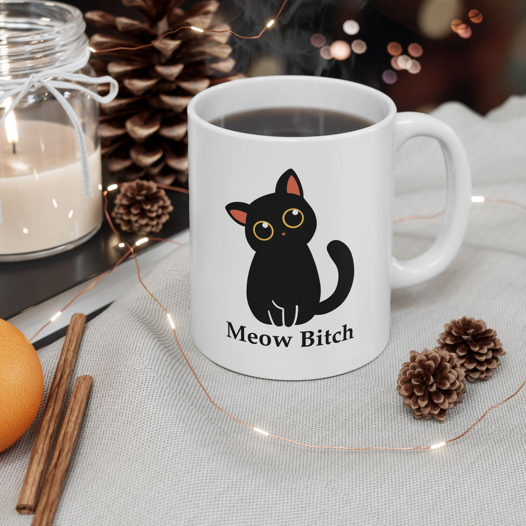 Meow Bitch Kawaii Cat Ceramic Mug – Funny Black Cat Coffee Cup (15oz)
